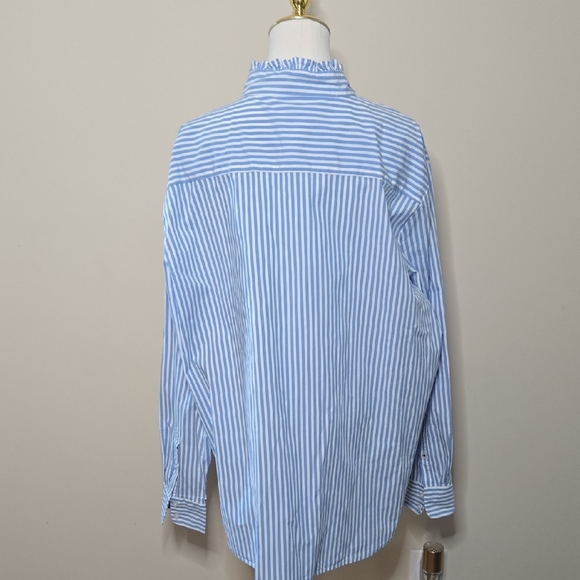Crown & Ivy Blue White Striped Poplin Shirt Mandarin Collar Coastal Nautical XL - Picture 4 of 9